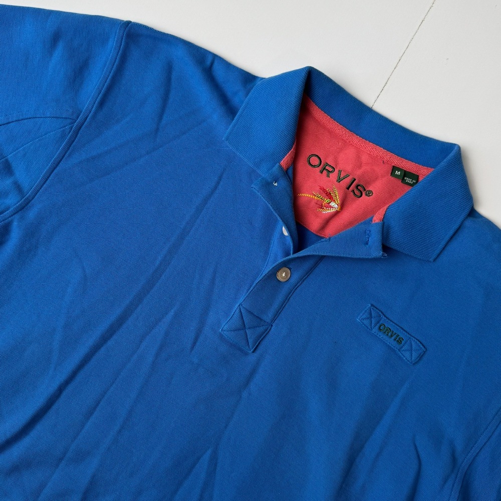 Orvis Mens Blue Pique Polo Shirt Short Sleeve Red Trim Fly Fishing Logo Size M